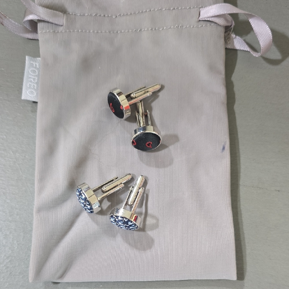 Custom- Silk Fabric Silver/Blue and Black Cufflinks